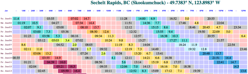Sample current chart for Sechelt Rapids showing color-coded ebb and flood currents